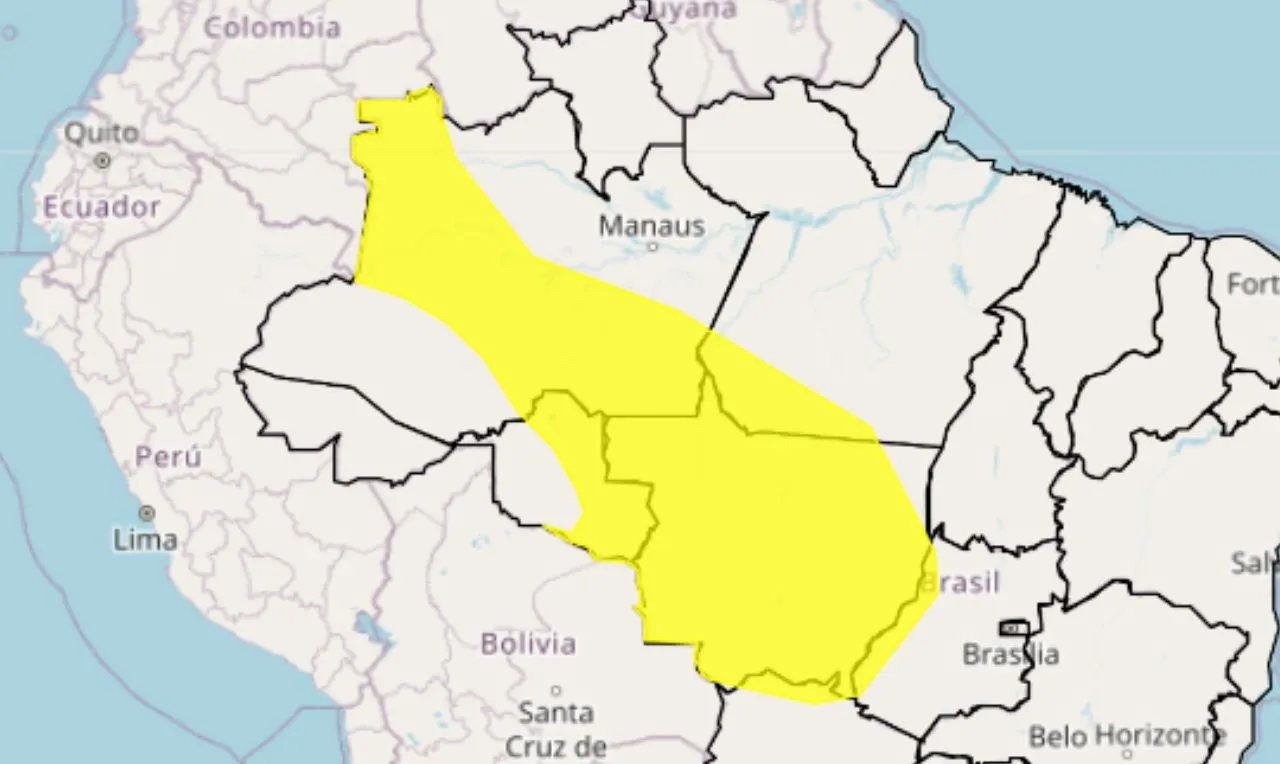 O mapa mostra as &aacute;reas para chuva intensa